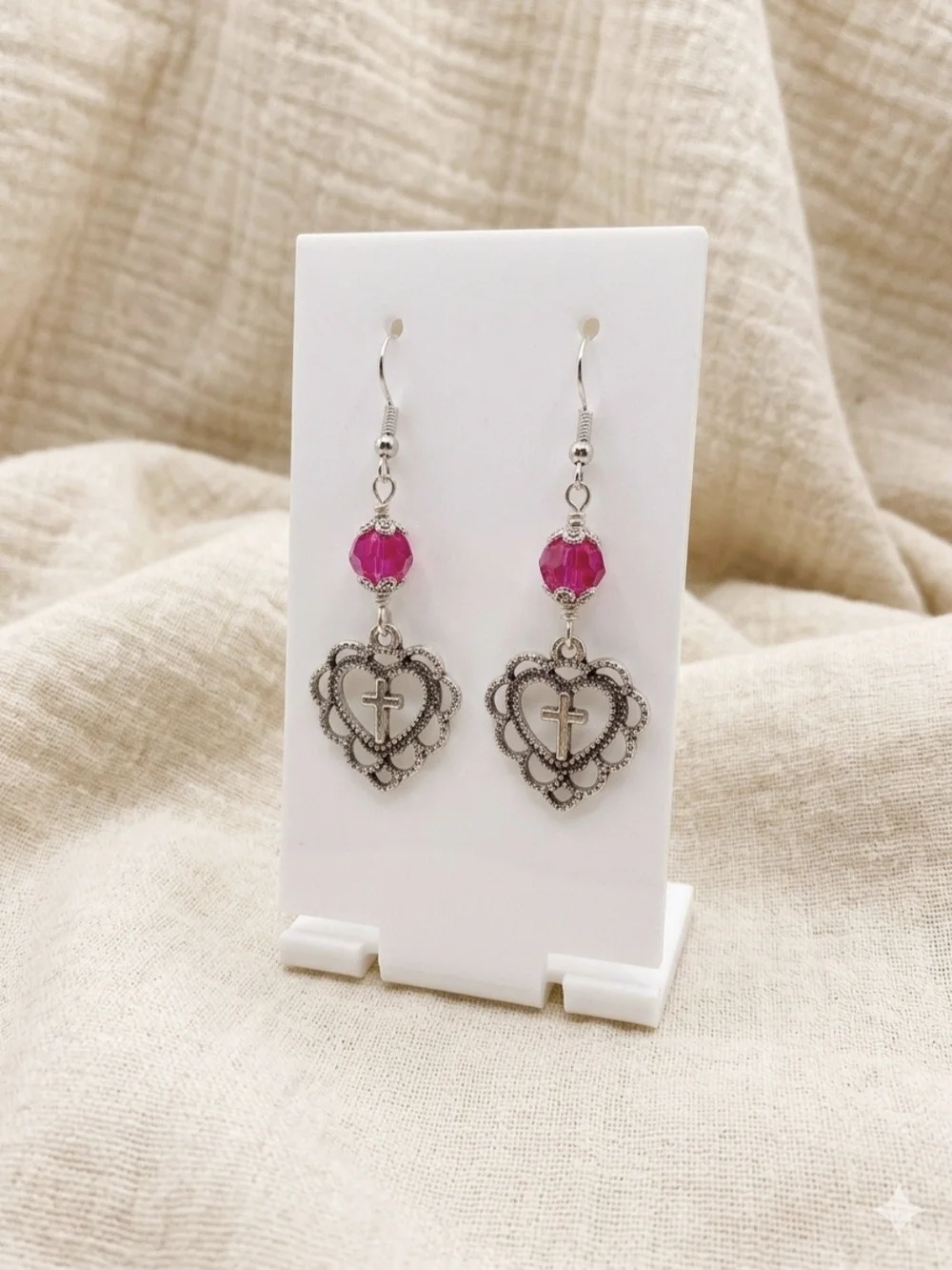 Silver Heart Cross Dangle Earrings with CZECH Pink Bead